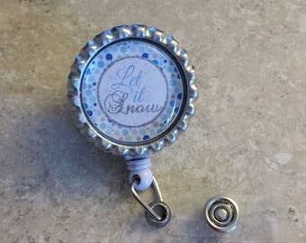 Retractable Badge Holder Bottlecap, ID Badge Reel, "Let it Snow"