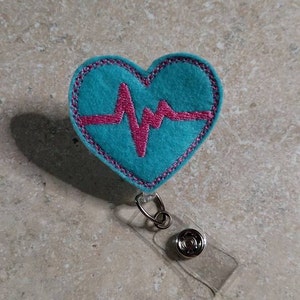 Bright Blue Heart EKG Feltie, EKG Heart Retractable Badge Holder, Badge ID Reel, Red Heart Reel, Cardiology Reel, Gift- BottleCapsGaloreNMor