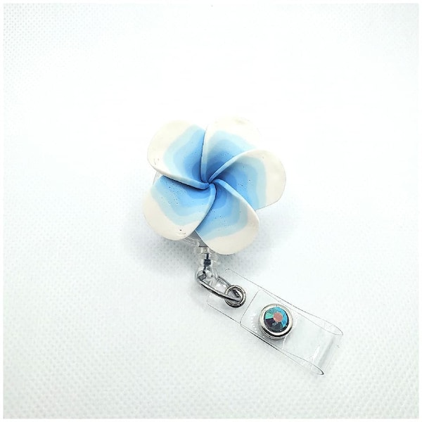 Large Light Blue and White Plumeria, Plumeria Badge Reel, Hawaiian Flower Badge Reel, Retractable Badge Reel, Gift- BottleCapsGaloreNMor