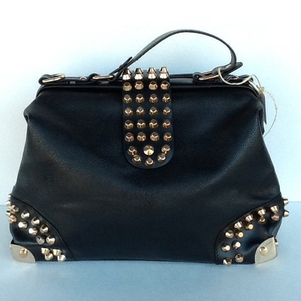 New lower price!! Black handbag with gold studs. Looks similar to an old doctor bag.