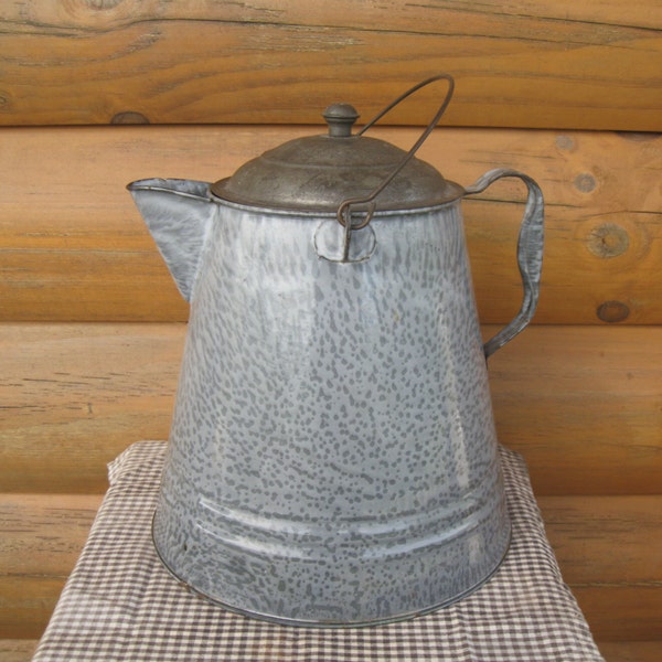 RESERVED for SILLY Large Graniteware Coffee Pot, Gray Enamelware