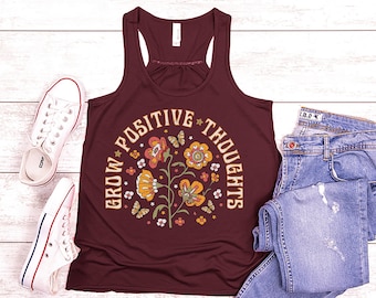 Grow Positive Thoughts - Camisa de yoga para mujeres, amor yogui, camiseta sin mangas de entrenamiento, Rackerback relajante, camisa de meditación, camisa de yoga para respirar