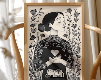 Lámina de arte inspirador sobre coraje, arte de pared con cita de C.S. Lewis, póster de empoderamiento feminista, decoración floral motivacional, regalo para ella, envío