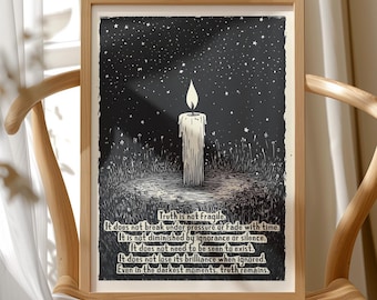 May include: A black and white illustration of a candle burning in a field of grass under a starry night sky. The text reads: "Truth is not fragile. It does not break under pressure or fade with time. It is not diminished by ignorance or silence. It does not need to be seen to exist. It does not lose its brilliance when ignored. Even in the darkest moments, truth remains."