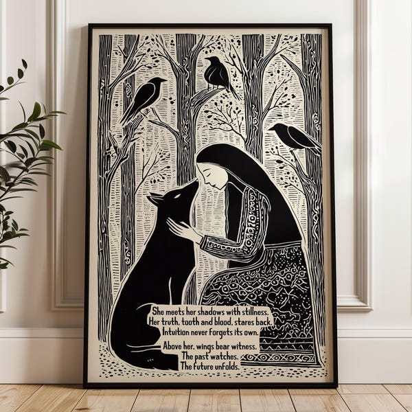 Shadow Work Art Print, Intuitive Feminist Wall Art, Wolf and Woman Poem, Healing Trauma Poster, Witchy Dark Forest Decor, SHIPPED ARTWORK