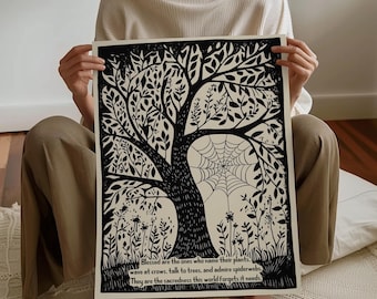 Sacred Nature Wall Art, Tree and Spiderweb Print, Plant Lover Gift, Botanical Witch Decor, Spiritual Forest Illustration, Nature Quote Print
