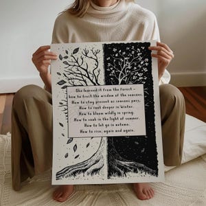 Peut inclure: Impression artistique en noir et blanc avec un motif divisé, représentant des illustrations d'arbres. Le texte inclut : "She learned it from the forest..." et d'autres phrases sur les saisons. L'impression est tenue par une personne.