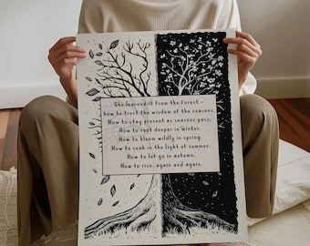 Forest Wisdom Wall Art, Inspirational Quote Print, Black and White Tree of Seasons Poem, Feminist Nature Artwork for Home Decor, SHIPPED