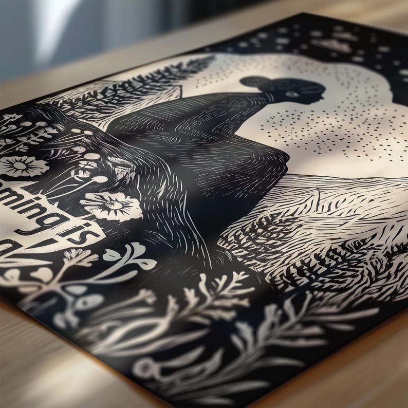 May include: Black and white woodcut print of a person sitting in a field of flowers. The text "Spring is coming" is visible in the lower left corner of the print.