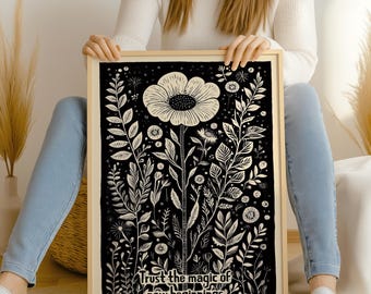 Impresión artística "Confía en la magia de los nuevos comienzos", obra de arte con cita inspiradora, decoración de pared botánica, regalo de autocuidado, impresión con envío por correo.