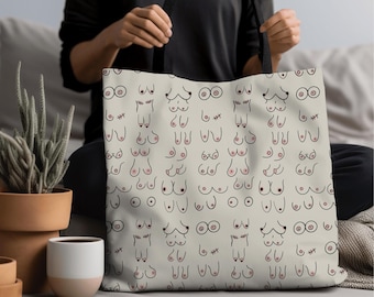 Boobs Illustration Tote Bag, Breast Pattern, Body Positivity Gift, Feminist Bag, Breast Cancer Awareness, Breast Feeding, Women Empowerment