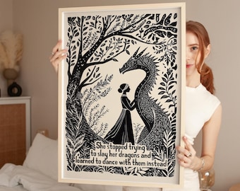 SHIPPED, Dancing With Dragons Art Print, Feminist Art With Quote, Inspirational Botanical Decor, Motivational Gift For Her, MAILED Print