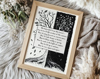Arte mural del Árbol de las Estaciones, Impresión con cita inspiradora, Poema sobre la naturaleza en blanco y negro, Atención plena y resiliencia, Impresión con envío incluido.