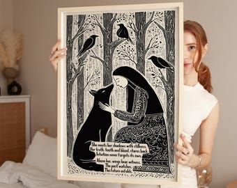 Shadow Work Print, Wolf and Woman Art, Feminist Healing Poster, Intuition and Strength Wall Decor, Witchy Forest Empowerment Art, SHIPPED