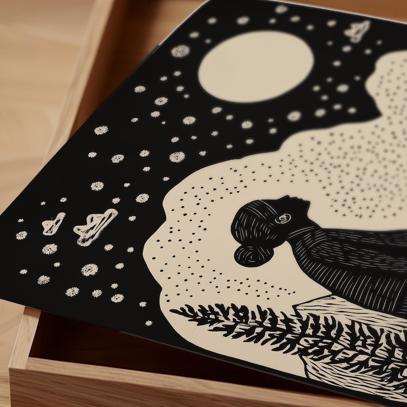 May include: Black and white illustration of a person looking up at a large moon with stars in the background. The person is standing on a hill with a small plant growing out of the side.