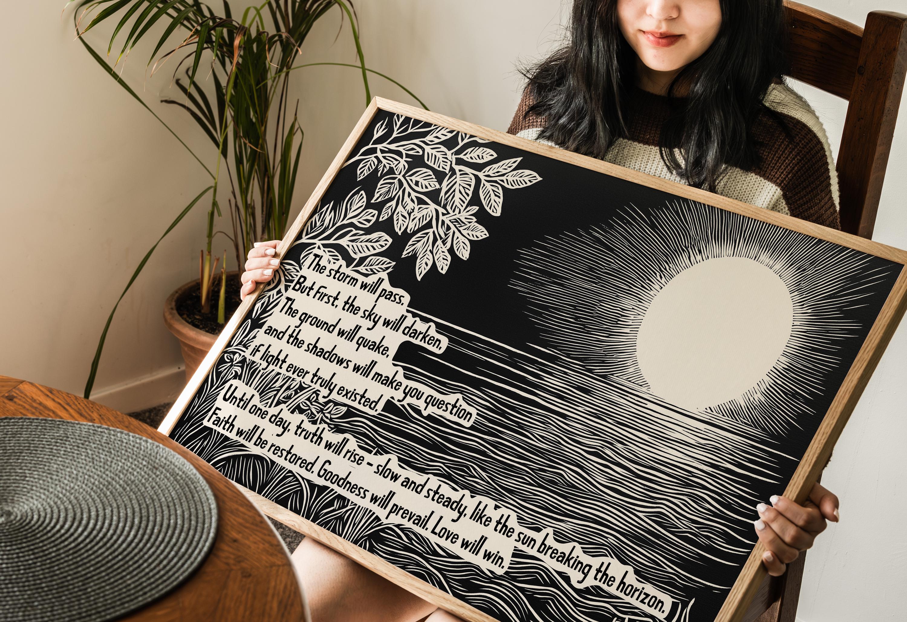 The Storm Will Pass Print, Encouragement Quote Wall Art, Sunrise Water Poster, Motivational Nature Decor, Strength and Hope Gift, Shipped