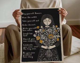 Lámina "Compra tus propias flores", arte mural inspirador de amor propio, decoración con cita feminista, regalo motivacional para ella, obra de arte con envío incluido.