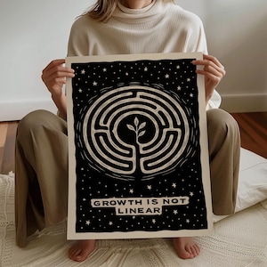 May include: Black and white art print featuring a maze design with a plant in the center. The print has a starry background and the text "GROWTH IS NOT LINEAR" at the bottom. The print is held by a person.