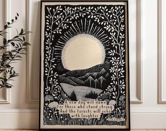 Impresión "A New Day Will Dawn", arte de pared con letras de música inspiradoras, póster de bosque motivacional, decoración de la naturaleza, regalo para amantes de la música, envío