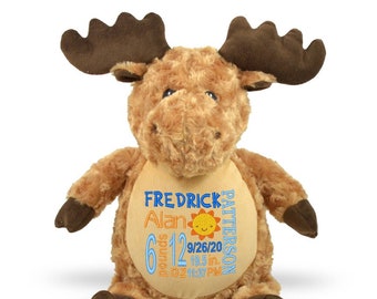 Fun Little Moose, Birth Stats, Baby Shower Gift, stuffed animal