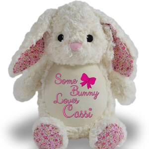 Super soft bunny with pink accent fabric, Customized Gift, Baby Shower Gift, stuffed animal, teddy bear