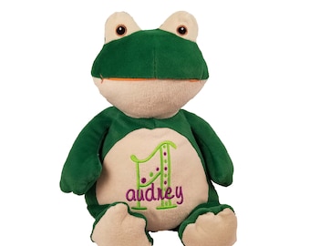 Lovable Frog, Personalized stuffed animal, Birth announcement stuffie