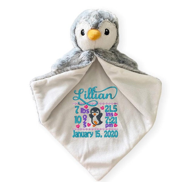 Personalized Penguin Security Blanket - embroidered - security blanket, birth announcement stuffed animal