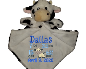 Personalized Cow Security Blanket, embroidered lovie, birth announcement animal