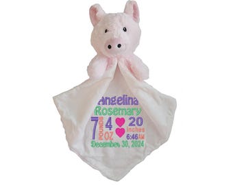 Personalized Security Blanket with Pig head, embroidered lovie blanket