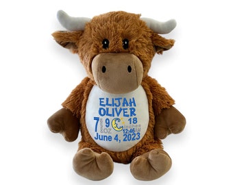 Personalized Highland Cow Plush, Embroidered Baby Gift