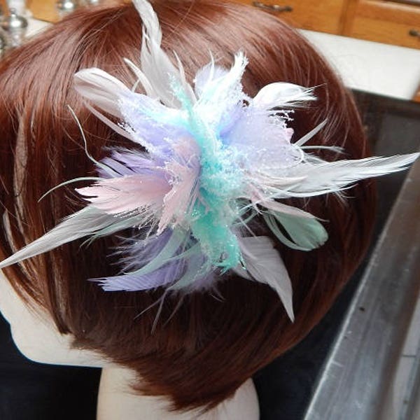 Exotic Hair Clip - Wild Feather Fascinator - Pastel Feather Hair Comb - Pink Hair Piece - Blue Hair Bow - White Hair Pin - Party Fascinator