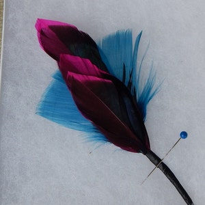 Fuchsia Feather Boutonniere - Alluring Lapel Pin - Black Feather Boutonniere - Blue Feather Boutonniere