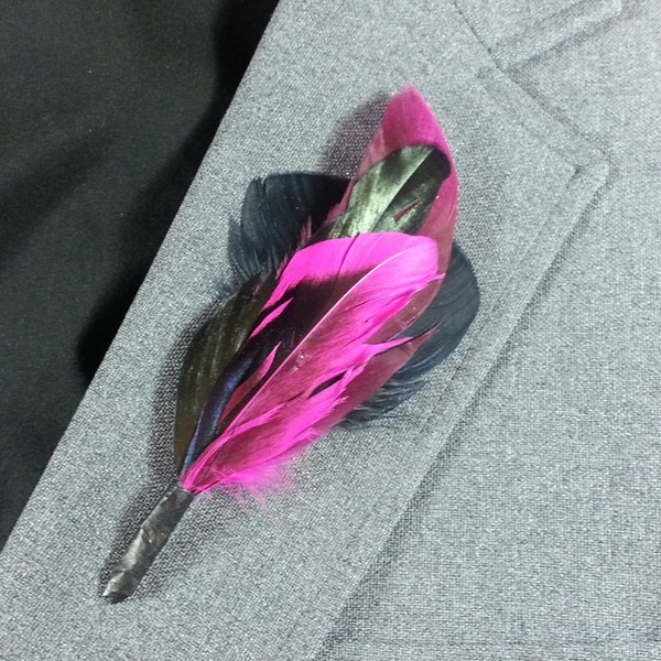 Bold Feather Boutonniere in Fuchsia and Black - Striking Lapel Pin for Prom - Black Groomsmen Boutonniere