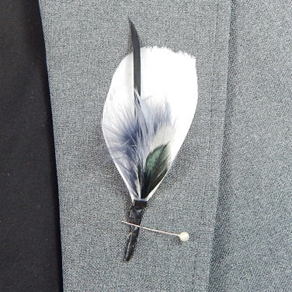 Elegant Feather Boutonniere - Statement Lapel Pin - Black and White Boutonniere - Formal Wedding Boutonniere - Homecoming Boutonniere