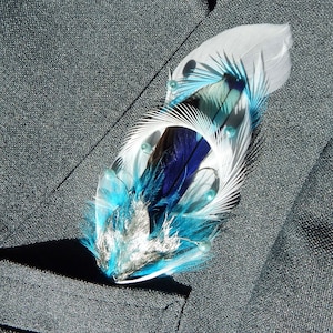 Feather Boutonniere with Pearls - Lapel Pin with Two Interlacing Circles - White Feather Boutonniere for Wedding