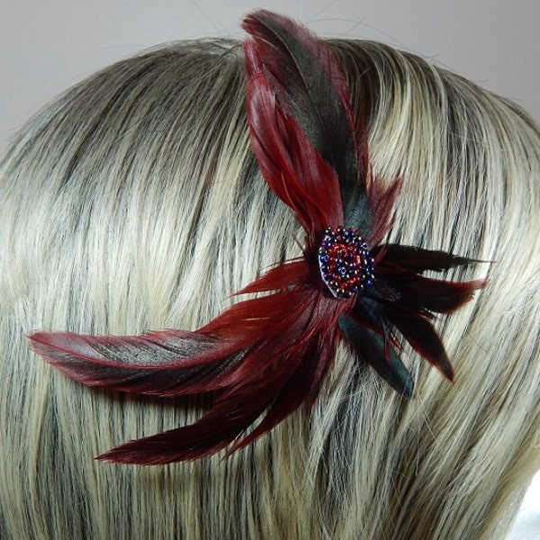 Scarlet Feather Hair Clip - Red Fascinate - Black Headdress - Red Hair Bow - Scarlet Red Hair Piece