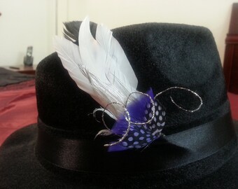 White Feather Hat Pin - Futuristic Hat Accessory - Black Stick Pin - Silver Hat Trim - Purple Top Hat Feather