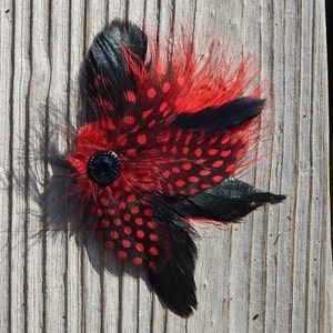 Red Feather Fascinator Black and Red Hair Clip Red Guinea Hair Piece Black Hair Bow Dance Fascinator Black Hair Pin image 2