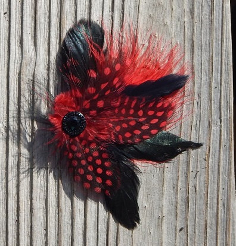 Red Feather Fascinator Black and Red Hair Clip Red Guinea Hair Piece Black Hair Bow Dance Fascinator Black Hair Pin image 2