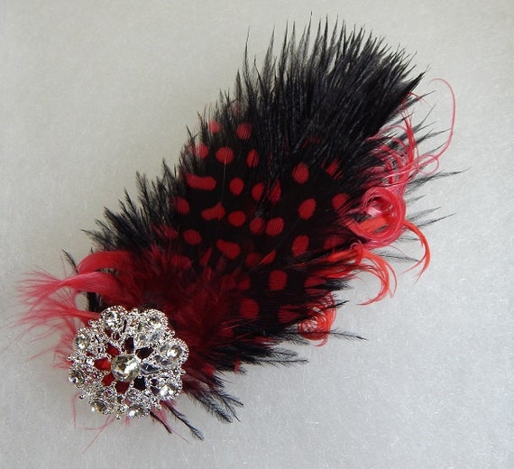 Rhinestone Feather Fascinator - Red and Black Feather Hair  display picture 2