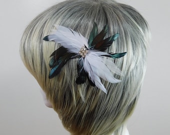 Feather Hair clip, white and black with square rhinestones - Black & White Feather Fascinator - Rhinestone Hair Comb