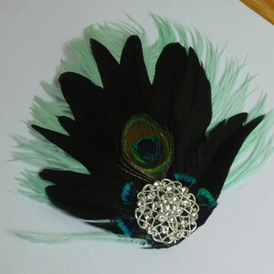 Feather Hair Clip  - Aqua Feather Fascinator  - Peacock Hair Piece - Dance Recital Hairpin - Rhinestone Fascinator