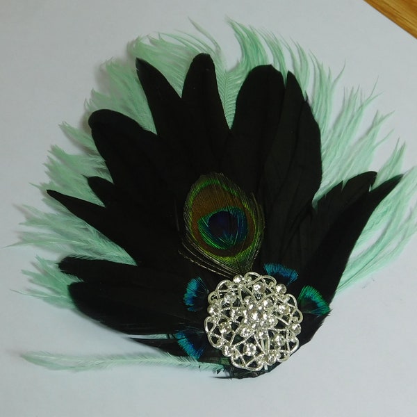Feather Hair Clip  - Aqua Feather Fascinator  - Peacock Hair Piece - Dance Recital Hairpin - Rhinestone Fascinator