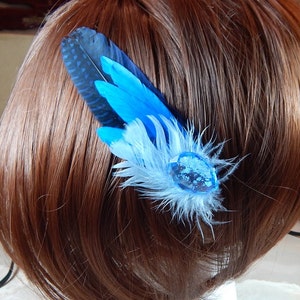 Blue Feather Hair Clip - Triple Shades of Blue Feather Fascinate - Party Hair Bow - Blue Hair Pin