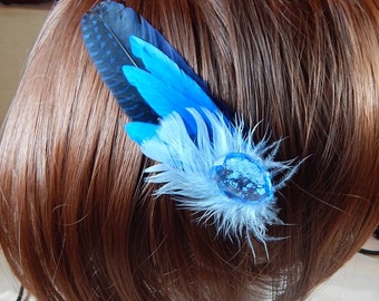 Blue Feather Hair Clip - Triple Shades of Blue Feather Fascinate - Party Hair Bow - Blue Hair Pin