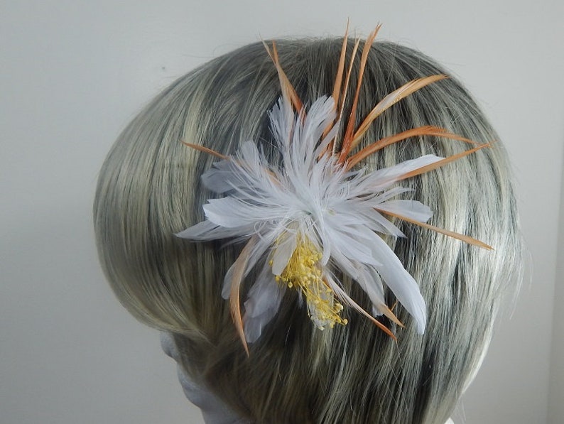 Feather Flower Fascinator Hair Clip Resembles Rare Night Blooming Cereus White Hair Pin Orange Hair Comb White Hair Piece 画像 4