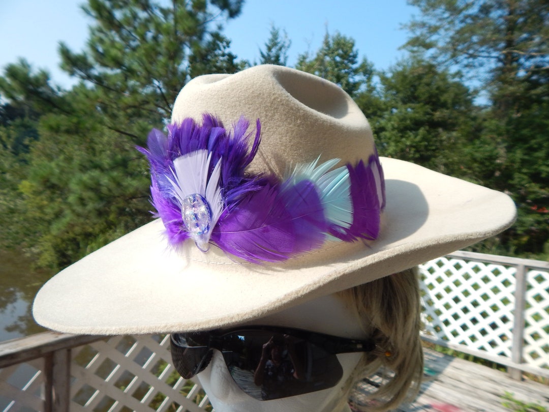 Purple Feather Hat Band Rhinestone Jewel Hat Accessory Turquoise