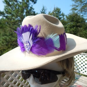 Purple Feather Hat Band - Rhinestone Jewel Hat Accessory - Turquoise Western Hat Band - Country Hat Feathers - Rodeo Hat Band