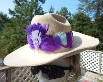 Purple Feather Hat Band - Rhinestone Jewel Hat Accessory - Turquoise Western Hat Band - Country Hat Feathers - Rodeo Hat Band