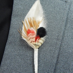 Symbolic Feather Boutonniere - Grey Crowned Crane Feather Lapel Pin - White label pin - Gold Boutonniere - Prom Boutonniere - Homecoming